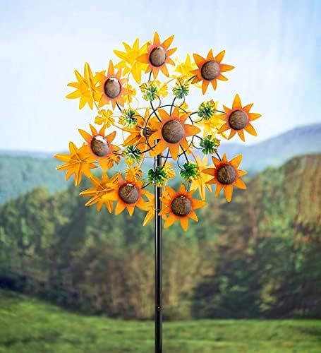 Plow & Hearth Colorful Autumn Sunflower Garden Metal Wind Spinner with Dual-Motion Rotors and Sectional Steel Pole with Ground Stakes in Powder-Coated Metal, 24½" Dia. x 10¼"D x 75½"H - Image 2