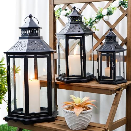 TRIROCKS Set of 3 Decorative Candle Lanterns18''&13"&10" H Hexagonal Candle Holder Vintage Metal Hanging Lantern with Tempered Glass for Garden Patio Wedding Event Indoors Outdoors(Black) - Image 4