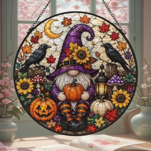 Stained Glass Crow Pumpkin Gnome Suncatcher, Maple Crescent Moon Sunflower Round Panel, Autumn Halloween Spooky Window Hanging Decor by Unknown