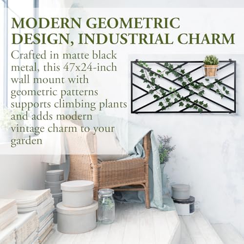 MyGift 47 x 24 Modern Wall Mounted Trellis, Matte Black Metal Geometric Design Mount Large Garden Trellis for Climbing Plants and Crawling Vines with Adjustable Support Rack - Image 2