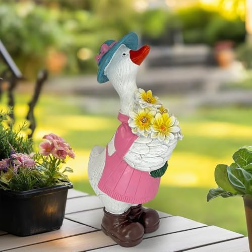 Solar Porch Goose Garden Statue with Glowing Flower, 11.5" Solar Duck Garden Decor for Outdoor, Waterproof Animal Figurine with Auto Light for Yard Lawn Patio - Unique Gift for Mom Grandma Women - Image 6