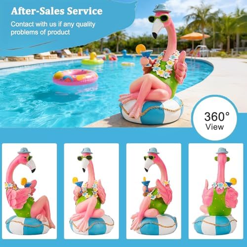Teaeeno Pink Flamingo Figurines With Swim Ring Resin Flamingo Bird Sculpture,Large Flamingo Ornaments for Coastal Home Wedding Decor,Housewarming Flamingo Gifts for Lady,Tropical Holiday Decor on Desk - Image 5