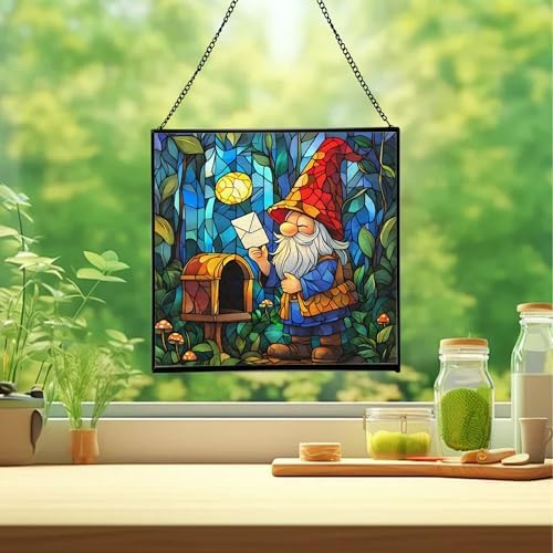 Gnome Mail Delivery Stained Glass Suncatcher – Square Hanging Window Panel for Home or Greenhouse – Whimsical Glass Art Gift for Garden Lovers, Christmas, Halloween, Father Days kG6SvZ - Image 2