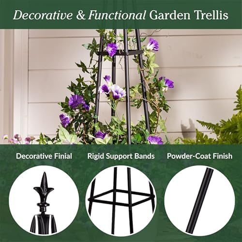 Evergreen Metal Garden Obelisk Trellis for Climbing Plants Outdoor, Indoor Plant Trellis for Potted Plants, Floral Pattern Arch Trellis (Black, 6 ft. Pyramid) - Image 4