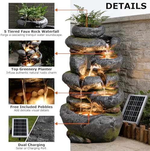 29.5''Tall Rock Solar Water Fountain Outdoor Garden Feature - Image 3