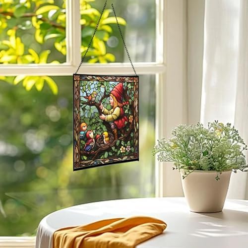 Gnome with Baby Birds Stained Glass Suncatcher – Square Hanging Window Panel for Home, Garden, Nursery, Halloween, Christmas, Memorial Day – Whimsical Glass Art Gift for Gnome Lovers bchnpw - Image 3