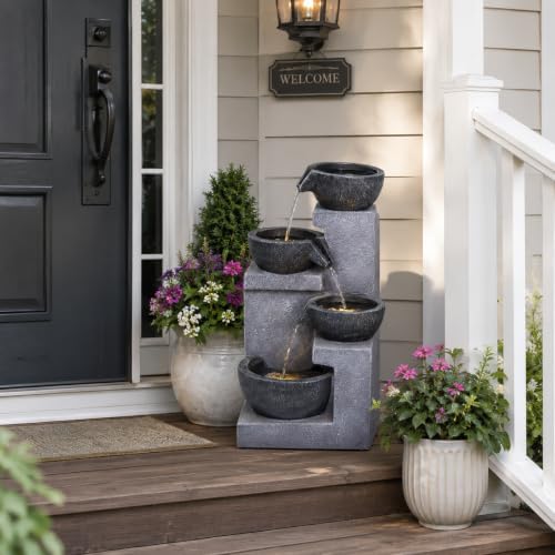 20.87" 4-Tier Outdoor Water Fountain with LED Lights, Gray Resin - Image 6