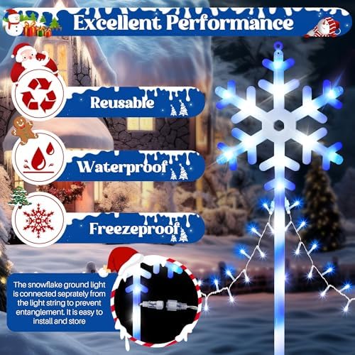 10 Pcs Christmas Snowflake Pathway Stake Lights for Outdoor Yard, 370 Bright LEDs Waterproof Large Christmas Snowflake Light Decoration for Garden Lawn Driveway Walkway Decor (Blue White) - Image 3