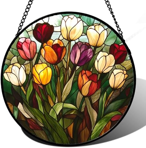 Tulip Bouquet Stained Glass Window Hanging Suncatcher Gifts for Women 12" by amderven
