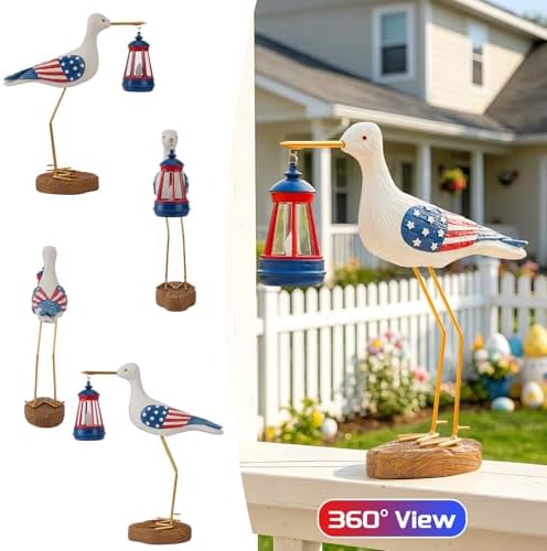 250th Anniversary Decorations,4th of July Decorations Solar Garden Lights,Fourth of July Red White and Blue Seagull Statue Solar Lights Outdoor,Patriotic Decor With Solar Lantern for Independence Day - Image 5