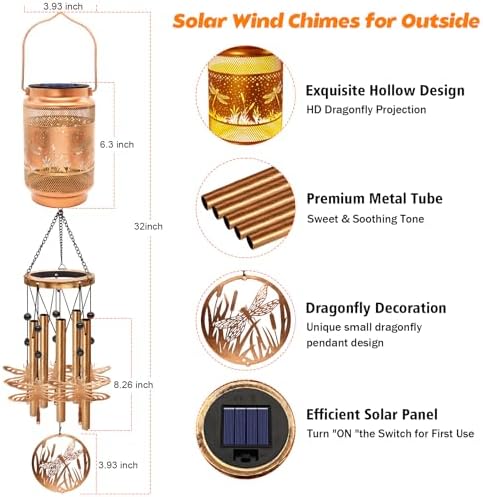 Dragonfly Solar Wind Chimes for Outside, Gifts for Mom Women Grandma Birthday Memorial Teacher, 32" Windchimes Outdoor Decor Hanging Solar Lantern for Garden Porch Patio Backyard - Image 2