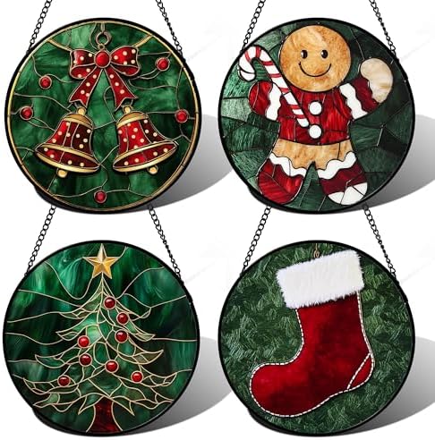 Stained Glass Window Hanging 4 Pcs Set Red Christmas Stockings and Gingerbread 6.3" - Suncatcher Door Garden Sun Catcher Decor Birthday Mother's Day Xmas Gifts for Mom Woman Nana Men by amderven