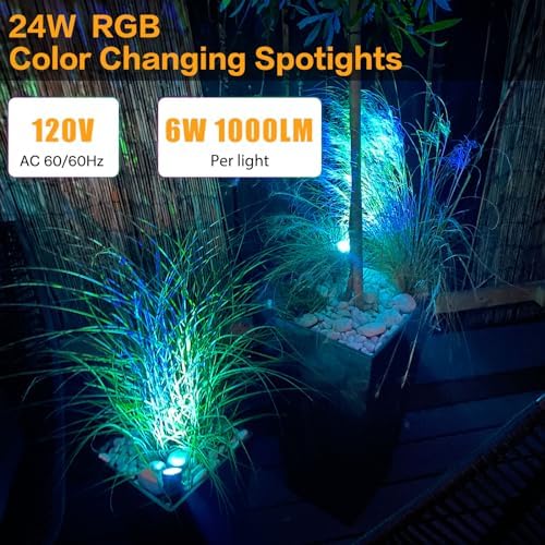Landscape Lighting, 24W RGB Spot Lights Outdoor for Yard with Transformer & Remote 12 Colors and 19 Modes Outdoor Lights for House Lawn Tree Flag Garden Driveway Backyard Fence Plant, 4 Pack - Image 3
