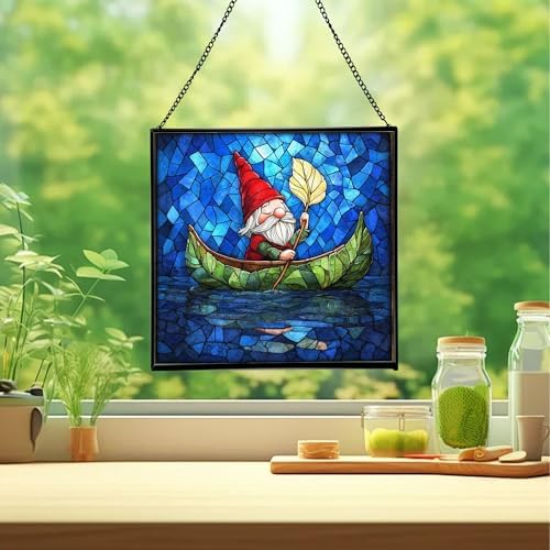 Gnome Canoe Ride Stained Glass Suncatcher – Square Hanging Window Panel for Home or Greenhouse – Whimsical Glass Art Gift for Garden Lovers, Christmas, Halloween, Father Days WaScGY - Image 2