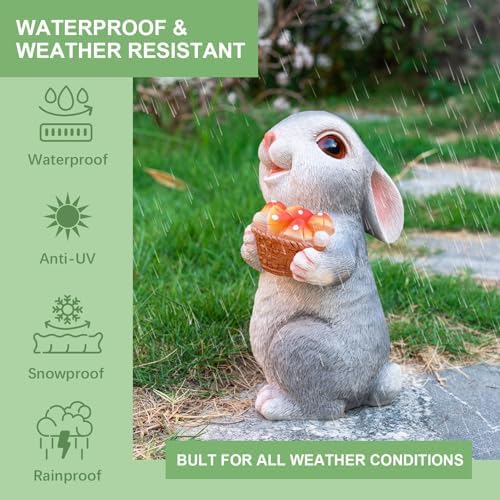 Solar Rabbit Garden Statues Outdoor Decor Resin Bunny Figurine Holding Mushroom with LED Lights for Porch Patio Lawn Yard Christmas Housewarming Gardening Gifts for Mom Grandma - Image 4