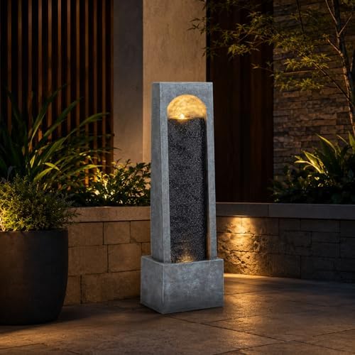 Outdoor Water Fountain, 39.37" Tall Resin Waterfall Fountain with LED Lights, Freestanding Modern Water Wall Fountain with Built-in Pump, Gray Stone-Look Patio Fountain for Garden, Porch, Backyard - Image 4