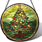 Green Christmas Tree Gold Ribbon Stained Glass Window Hanging Gifts 15" by DASTOLL