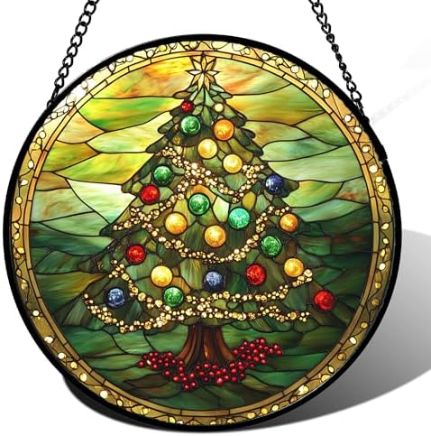 Green Christmas Tree Gold Ribbon Stained Glass Window Hanging Gifts 15" by DASTOLL