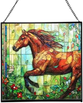 Brown Dutch Warmblood Horse Galloping Along Wild Hedgerow Square Suncatcher – Stained Glass Style Window Panel with Pastoral Scene, Custom Decorative Hanging Art for Equestrian Home, Christmas jib2gJ by Custom