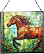 Brown Dutch Warmblood Horse Galloping Along Wild Hedgerow Square Suncatcher – Stained Glass Style Window Panel with Pastoral Scene, Custom Decorative Hanging Art for Equestrian Home, Christmas jib2gJ by Custom