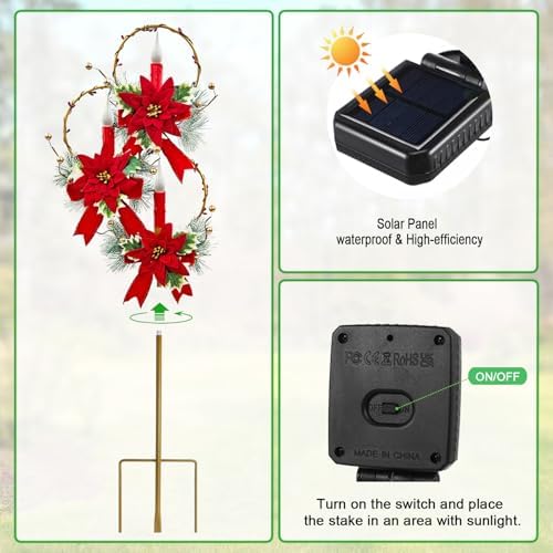 Solar Christmas Decorations Outdoor,Trio Holiday Red Candles Garden Stakes - Image 6