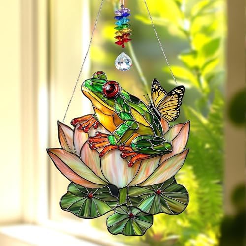 Frog Acrylic Suncatcher Indoor Colorful Window Hanging Ornament Outdoor Sun Catcher Panel for Home Decor Car Garden Crystal Gift Frog and Butterfly Lotus Suncatcher by Unknown