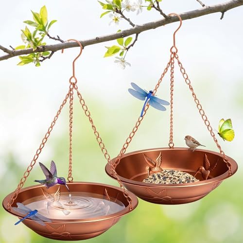 2 Pcs Hanging Bird Bath for Outside, 11.5" Antique Copper Metal Bird Feeder Birdbath Bowl with Rust-Proof Chains Simulated Dragonfly for Outdoor Garden Backyard Patio Yard Decor by Ferrochef