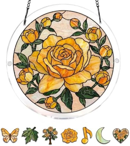 Peony Jigsaw Puzzle Acrylic Suncatcher Size 12 inches, Floral Sun Catchers, Window Hanging Ornaments, Peonies Stained Glass Effect Decor by GIKZO