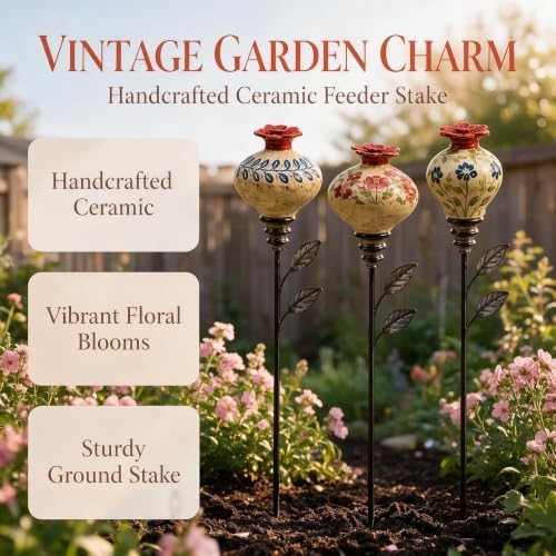 Vintage Ceramic Hummingbird Feeder Garden Stake, 4-Flower Floral Nectar Feeder for Outdoors, Decorative Bird Feeder with Metal Stand for Garden Yard Deck, Rustic Gift for Bird Lovers, D - Image 3