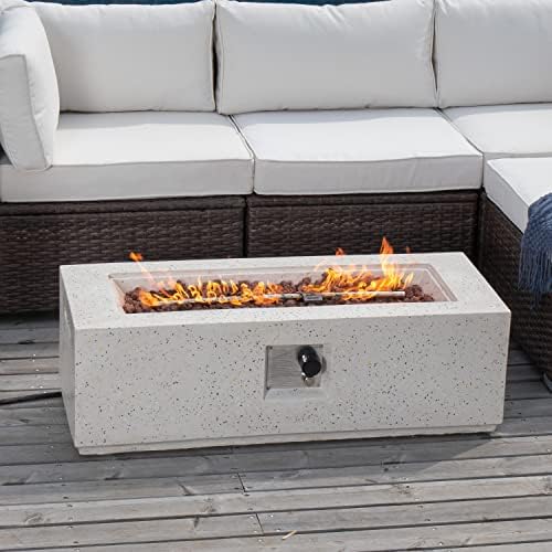 COSIEST Outdoor Propane Fire Pit Coffee Table, 42-inch x 13-inch Terrazzo Rectangle Base Patio Heater w Certified, 50,000 BTU Stainless Steel Burner, Free Lava Rocks and Rain Cover - Image 2