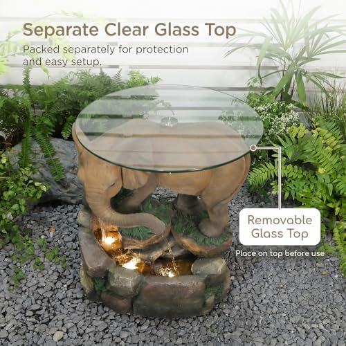 Elephant Outdoor Water Fountain with Glass Tabletop, 21.85" H Cascading Garden Water Feature, Country Style Patio Fountain with Realistic Skin & Rock for Yard, Deck, Backyard Décor - Image 5