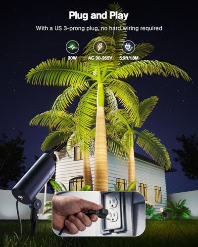 HIBOITEC 1 Pack 30W Outdoor LED Spot Lights 120V Plug in Flag Pole Light 3000LM 3000K Warm White Waterproof Landscape Spotlight for Yard Garden Tree Statue, 5.9 FT Cord with Plug - Image 3
