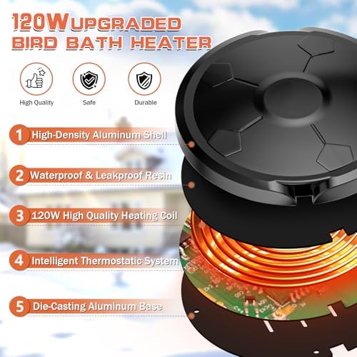 Daoeny Bird Bath Heater, 120W Bird Bath Heaters for Outdoors in Winter, Birdbath Water Heater Full-Covered Aluminum, Heated Bird Bath Pond Deicer Thermostatically Control for Patio Yard Farm (Black) - Image 3