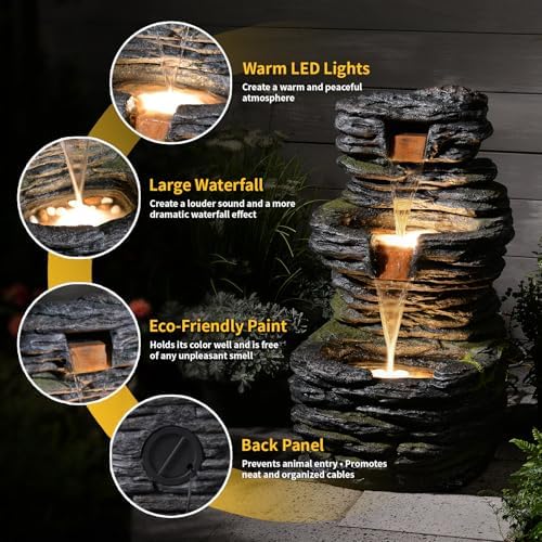 3 Tier Cascading Rock Water Fountain Outdoor Garden,28.74" H Natural Look Outdoor Fountains and Waterfalls with LED Lights for Patio, Deck, Porch, Backyard, Outside and Indoor Home Decor - Image 4