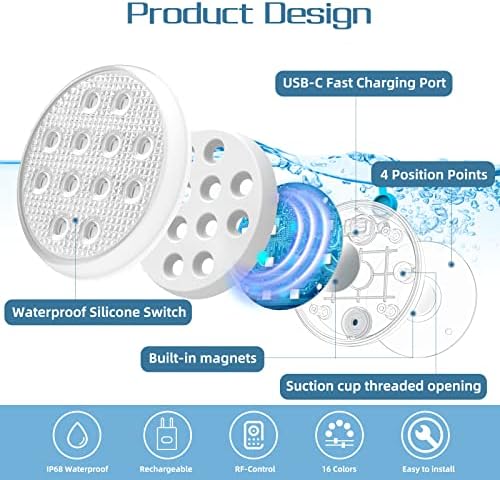 Rechargeable Submersible Led Lights, Pool Lights with Remote, IP68 Full Waterproof Underwater Lights Built-in Magnet 16 Color Changing Floating Lights for Bathtubs, Ponds(4 Pack) - Image 2