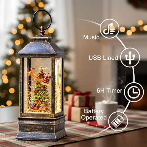 10.4" Christmas Snow Globe Flying Santa Around The Tree Water Lantern, Battery Operated or USB Powered Musical Lighted Holiday Decoration for Tabletop Display for Family and Friends - Image 2
