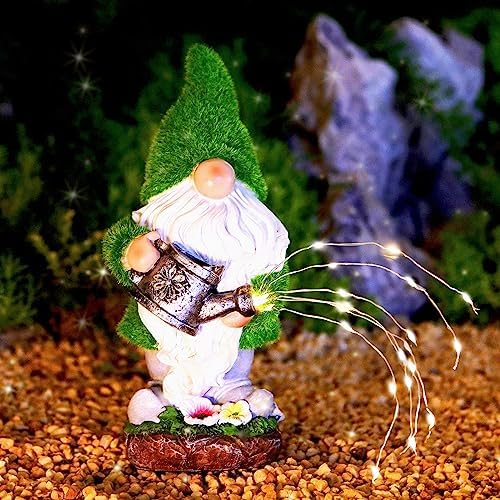 VChymm Flocked Solar Garden Gnomes Outdoor Statues-11.8‘’Outdoor Garden Decor-LED Outdoor Decor Light-Unique Housewarming Gifts Yard Art Sculptures for Patio Lawn Ornaments by VChymm