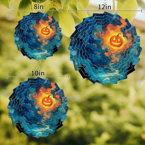 10 Inch Halloween Wind Spinner for Yard and Garden, Blue Night Sky Mystical Glowing Pumpkin Hanging Ornaments Outdoor 3D Kinetic Wind Sculpture Spinners Indoor Outdoor Patio Décor Ornaments Gift - Image 3