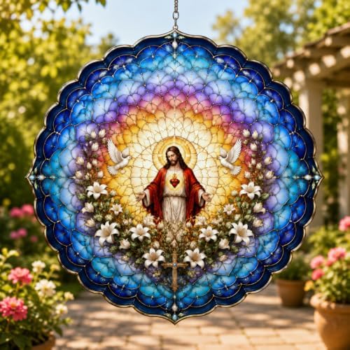 Shwing Wind Spinner 12 Inch Jesus Sacred Heart Wind Spinner Hanging Wind Sculptures Christian Faith Decor Cross Dove Metal Ornament Outdoor Kinetic Garden Art for Patio Porch Garden Decoration - Image 7