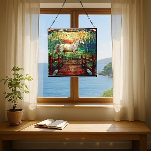 White Horse Trotting Across Bridge at Sunrise Square Suncatcher – Stained Glass Style Window Panel with Pastoral Scene, Custom Decorative Hanging Art for Equestrian Home, Christmas RWwXRI - Image 6