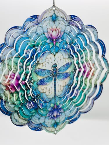 Shwing 12 Inch Dragonfly Wind Spinner Lotus Flower Hanging Decor Blue Purple Mandala Metal Ornament Outdoor Kinetic Garden Art 3D Wind Spinner for Patio Porch Backyard Decoration - Image 2
