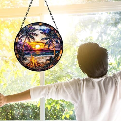 Beach Bonfire Sunset Stained Glass Window Hanging Suncatcher Gifts 9.8" - Image 4