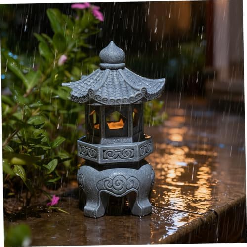 Pagoda Garden Statue, Resin Solar Japanese Pagoda Lantern, Decorative Zen Garden Landscape for Yard Patio Lawn, Style 3, Statue - Image 4