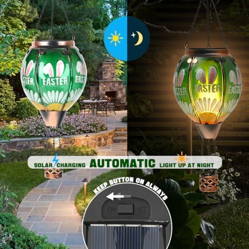 Easter Hot Air Balloon Solar Lantern - Bunny Stained Glass Lantern, Simulated Flickering Dancing Flame, Outdoor Hanging Yard Light Waterproof IP65 for Patio Lawn Porch Decor Rabbit Gift - Image 3