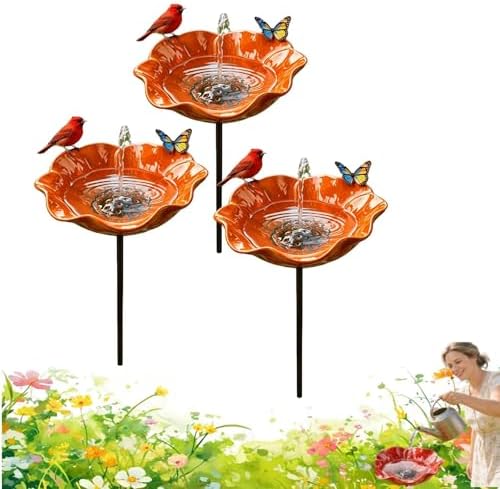 Flower Garden Stake Metal Bird Bath with Bee Watering Station, 3 in 1 Handmade Pollinator Feeder for Outdoor Yard Decor(Vibrant Orange,5) by Unknown