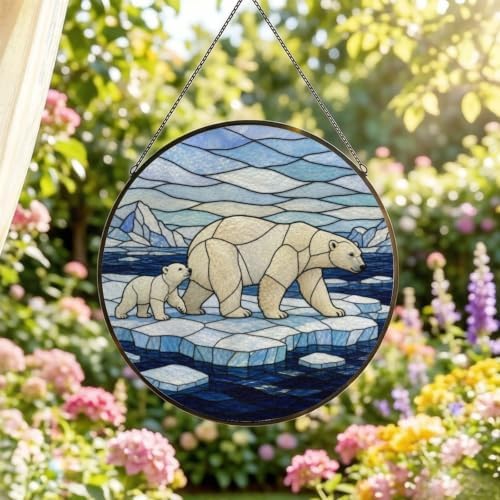 Polar Bear Mom Cub Stained Glass Suncatcher 11.8" Colorful Window Hanging Ornament, Sun Catcher Decor for Bathroom Front Door Living Room Home Wall Garden - Image 2