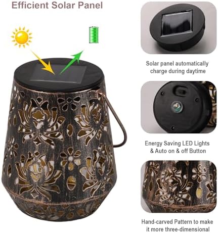 Edenseelake 2 Pack Solar Hanging Lanterns Outdoor Waterproof, Metal Flower Solar Lights, Decorative LED Lantern for Garden, Patio, Porch, Yard, Lawn, Bronze - Image 3