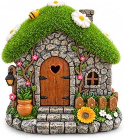 Daisy Fairy Garden House with Honey Bee, Solar Lighted Resin Yard Statue - Image 2