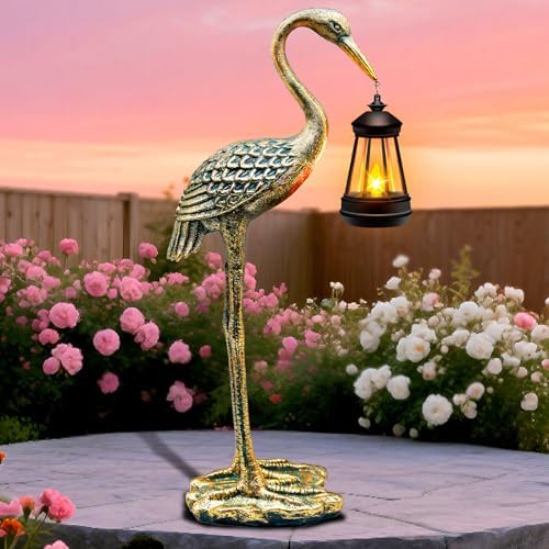 Solar Garden Statue Crane Figurine, Outdoor Hanging Solar Lanterns, 17.7 Inch Blue Heron Sculpture Statue for Patio Yard Porch, Garden Decor for Outside Birthday Gifts for Mom, Women Mother's Day by yulloyello
