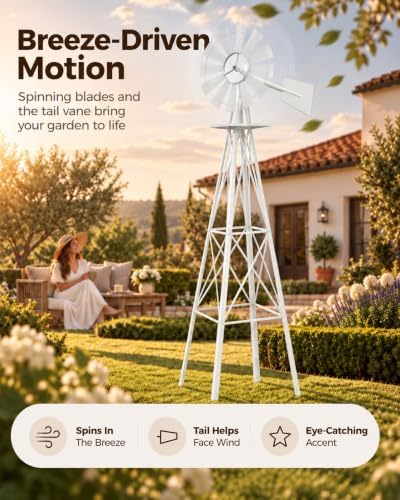 8FT Windmill for Yard Garden Decoration with Weather Vanes，Heavy Duty Outdoor Wind Mills, Large Metal Outdoor Windmill,Weather Resistant,White - Image 4